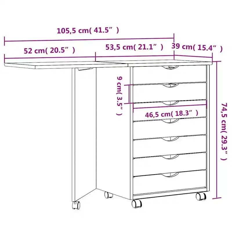 Meuble à roulettes en pin massif blanc avec 7 tiroirs et bureau pliant