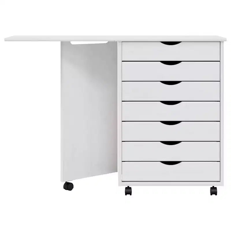 Meuble à roulettes en pin massif blanc avec 7 tiroirs et bureau pliant