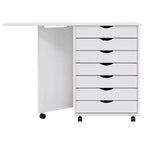 Meuble à roulettes en pin massif blanc avec 7 tiroirs et bureau pliant