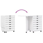 Meuble à roulettes en pin massif blanc avec 7 tiroirs et bureau pliant