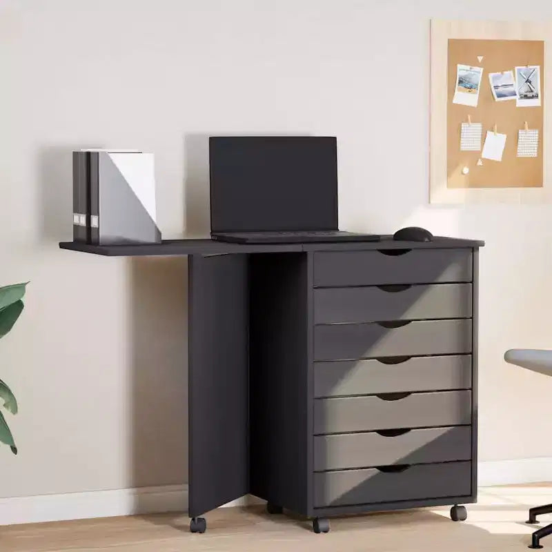 Meuble à roulettes en pin massif blanc avec 7 tiroirs et bureau pliant