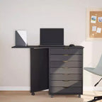 Meuble à roulettes en pin massif blanc avec 7 tiroirs et bureau pliant
