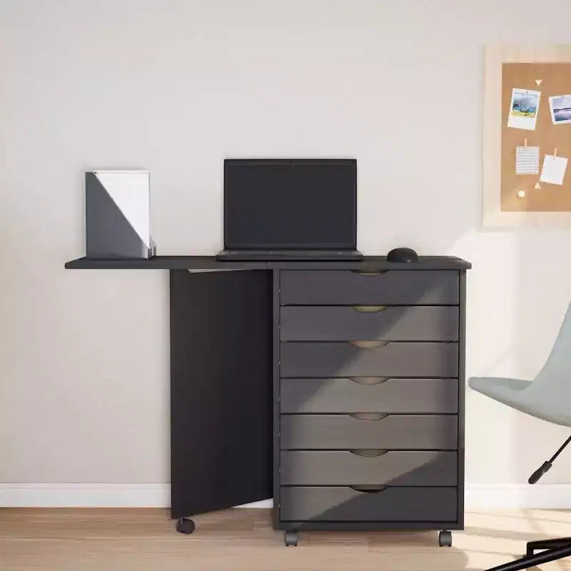 Meuble à roulettes en pin massif blanc avec 7 tiroirs et bureau pliant