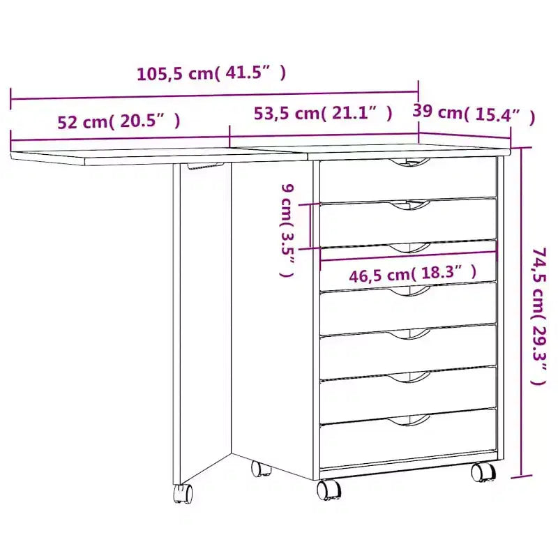 Meuble à roulettes en pin massif blanc avec 7 tiroirs et bureau pliant