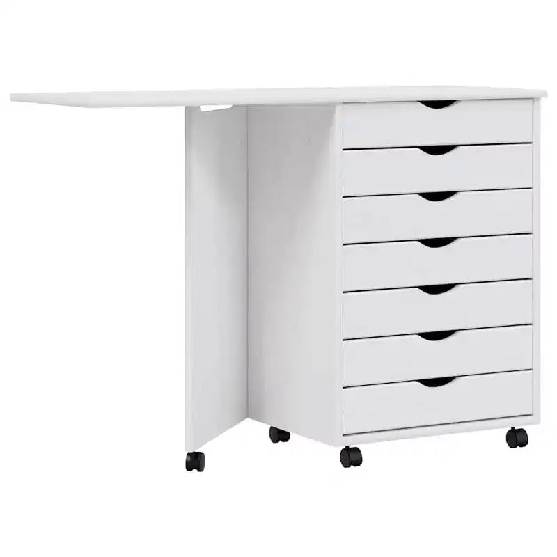 Meuble à roulettes en pin massif blanc avec 7 tiroirs et bureau pliant