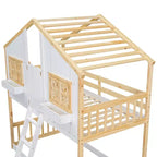 Lit superposé cabane jumeau sur jumeau avec fenêtres et portes, lit cabane en bois blanc avec échelle de sécurité et balustrades
