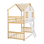 Lit superposé cabane jumeau sur jumeau avec fenêtres et portes, lit cabane en bois blanc avec échelle de sécurité et balustrades