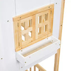 Lit superposé cabane jumeau sur jumeau avec fenêtres et portes, lit cabane en bois blanc avec échelle de sécurité et balustrades
