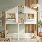 Lit superposé cabane jumeau sur jumeau avec fenêtres et portes, lit cabane en bois blanc avec échelle de sécurité et balustrades