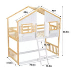 Lit superposé cabane jumeau sur jumeau avec fenêtres et portes, lit cabane en bois blanc avec échelle de sécurité et balustrades