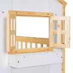 Lit superposé cabane jumeau sur jumeau avec fenêtres et portes, lit cabane en bois blanc avec échelle de sécurité et balustrades