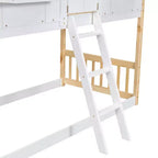 Lit superposé cabane jumeau sur jumeau avec fenêtres et portes, lit cabane en bois blanc avec échelle de sécurité et balustrades