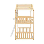 Lit superposé cabane jumeau sur jumeau avec fenêtres et portes, lit cabane en bois blanc avec échelle de sécurité et balustrades
