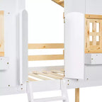 Lit superposé cabane jumeau sur jumeau avec fenêtres et portes, lit cabane en bois blanc avec échelle de sécurité et balustrades