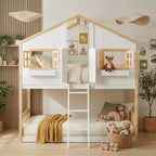 Lit superposé cabane jumeau sur jumeau avec fenêtres et portes, lit cabane en bois blanc avec échelle de sécurité et balustrades