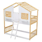 Lit superposé cabane jumeau sur jumeau avec fenêtres et portes, lit cabane en bois blanc avec échelle de sécurité et balustrades