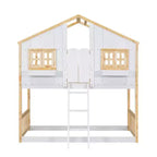 Lit superposé cabane jumeau sur jumeau avec fenêtres et portes, lit cabane en bois blanc avec échelle de sécurité et balustrades