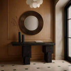 Console noire de 173 cm avec finition peinte, plateau en placage de bois d'acacia et cadre en bois massif