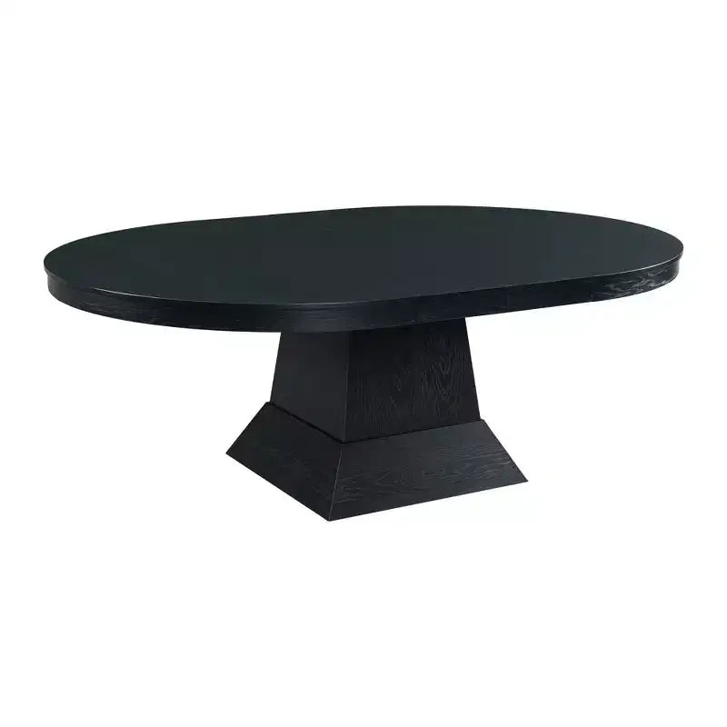 Table à manger ovale extensible chêne foncé, piètement central moderne, jusqu'à 8 places assises, 2 rallonges amovibles