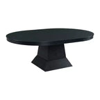 Table à manger ovale extensible chêne foncé, piètement central moderne, jusqu'à 8 places assises, 2 rallonges amovibles