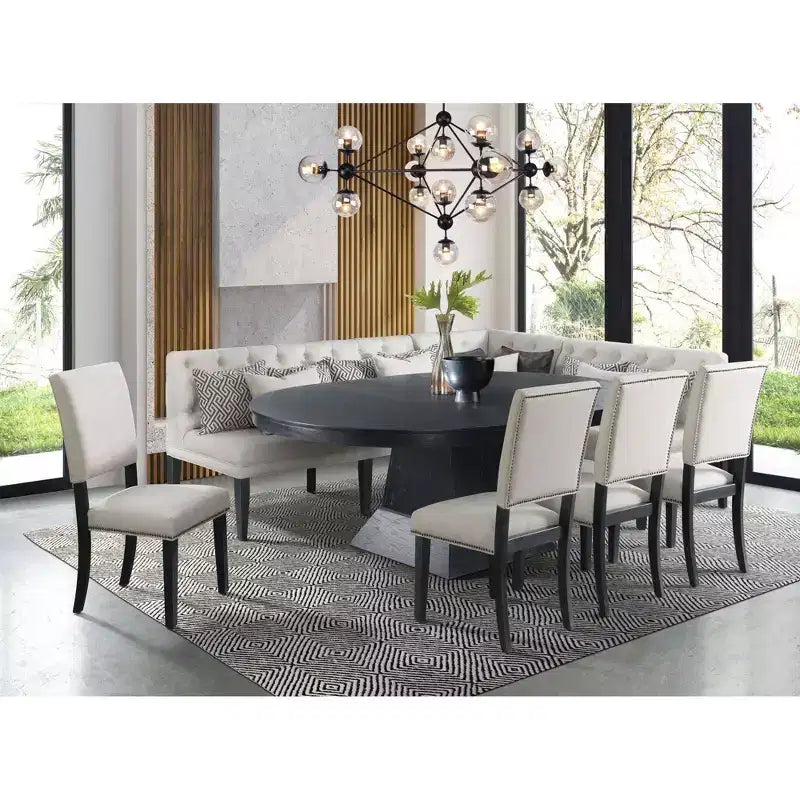 Table à manger ovale extensible chêne foncé, piètement central moderne, jusqu'à 8 places assises, 2 rallonges amovibles