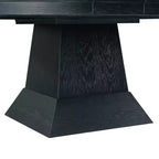 Table à manger ovale extensible chêne foncé, piètement central moderne, jusqu'à 8 places assises, 2 rallonges amovibles