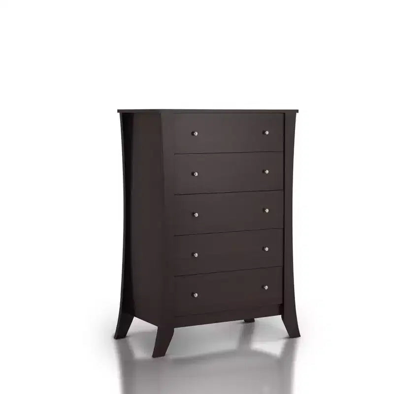 Commode 5 tiroirs expresso torréfié, rangement de chambre à coucher de style transitionnel avec glissières métalliques