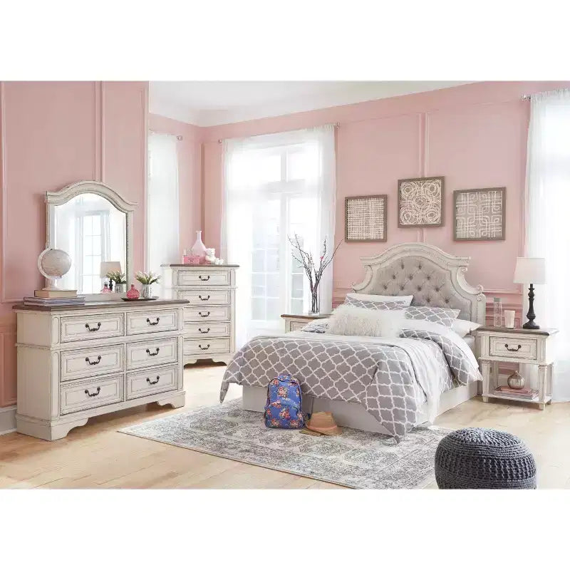 Table de chevet à un tiroir, blanc ébréché, style cottage avec finition deux tons antiquée