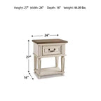 Table de chevet à un tiroir, blanc ébréché, style cottage avec finition deux tons antiquée