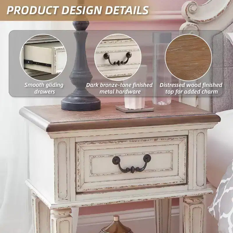 Table de chevet à un tiroir, blanc ébréché, style cottage avec finition deux tons antiquée