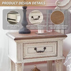 Table de chevet à un tiroir, blanc ébréché, style cottage avec finition deux tons antiquée