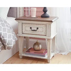 Table de chevet à un tiroir, blanc ébréché, style cottage avec finition deux tons antiquée