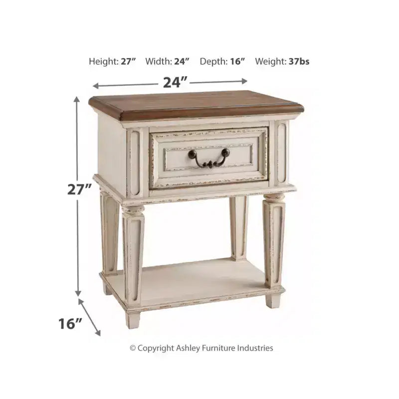 Table de chevet à un tiroir, blanc ébréché, style cottage avec finition deux tons antiquée