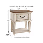Table de chevet à un tiroir, blanc ébréché, style cottage avec finition deux tons antiquée