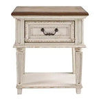 Table de chevet à un tiroir, blanc ébréché, style cottage avec finition deux tons antiquée