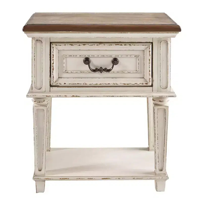 Table de chevet à un tiroir, blanc ébréché, style cottage avec finition deux tons antiquée