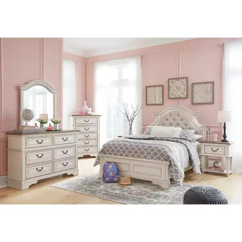 Table de chevet à un tiroir, blanc ébréché, style cottage avec finition deux tons antiquée