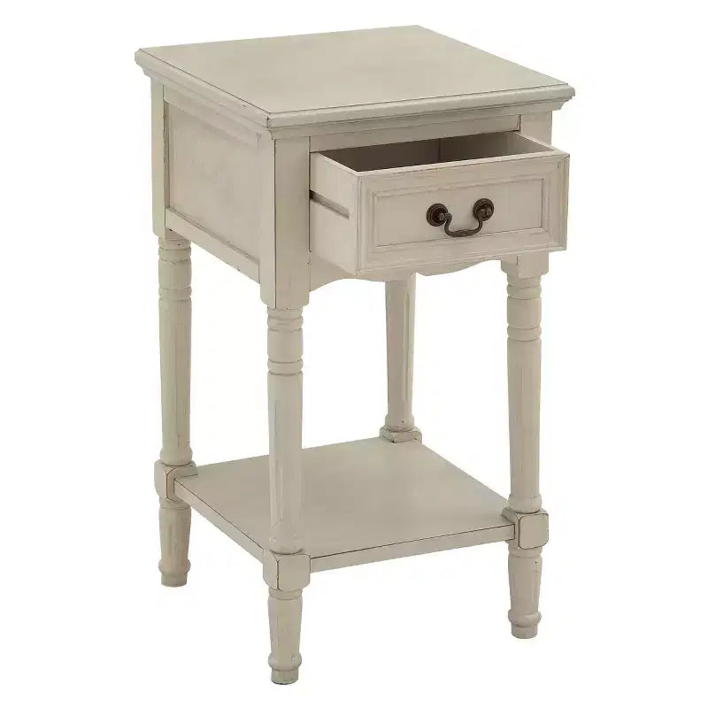 Table d'appoint traditionnelle en bois ivoire avec tiroir et étagère de présentation