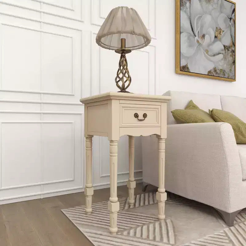 Table d'appoint traditionnelle en bois ivoire avec tiroir et étagère de présentation