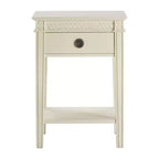 Table d'appoint antique blanche avec un tiroir, finition vieillie et quincaillerie en laiton
