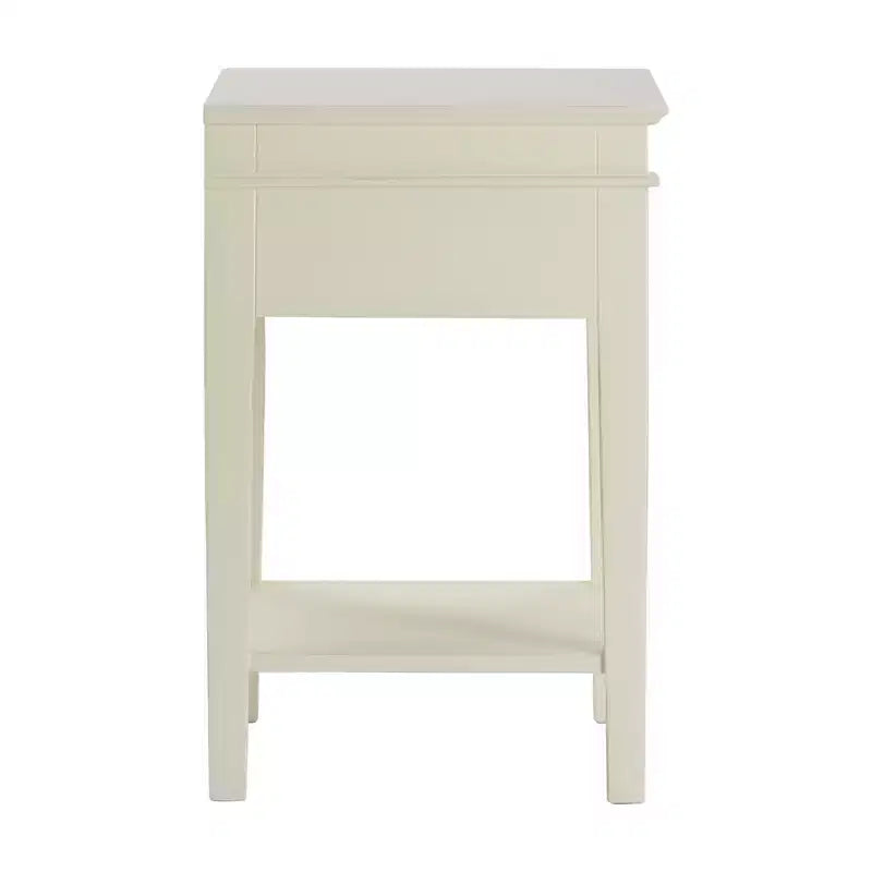 Table d'appoint antique blanche avec un tiroir, finition vieillie et quincaillerie en laiton