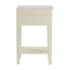 Table d'appoint antique blanche avec un tiroir, finition vieillie et quincaillerie en laiton