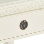 Table d'appoint antique blanche avec un tiroir, finition vieillie et quincaillerie en laiton