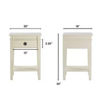 Table d'appoint antique blanche avec un tiroir, finition vieillie et quincaillerie en laiton