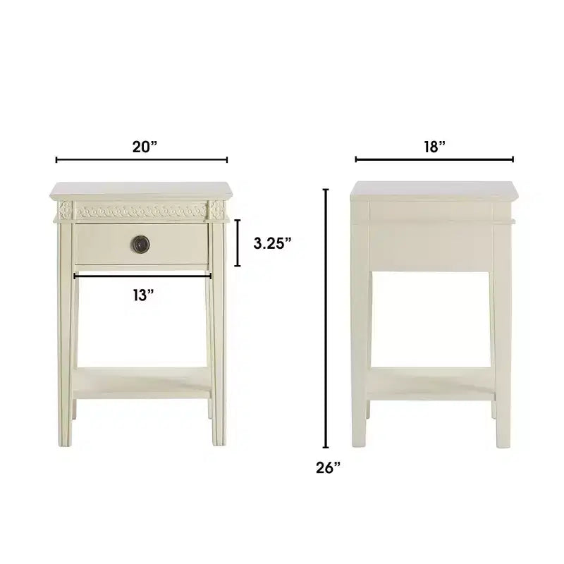 Table d'appoint antique blanche avec un tiroir, finition vieillie et quincaillerie en laiton