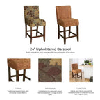 Tabouret de bar de 24 pouces, hauteur comptoir, rembourré, avec garniture cloutée et pieds en bois