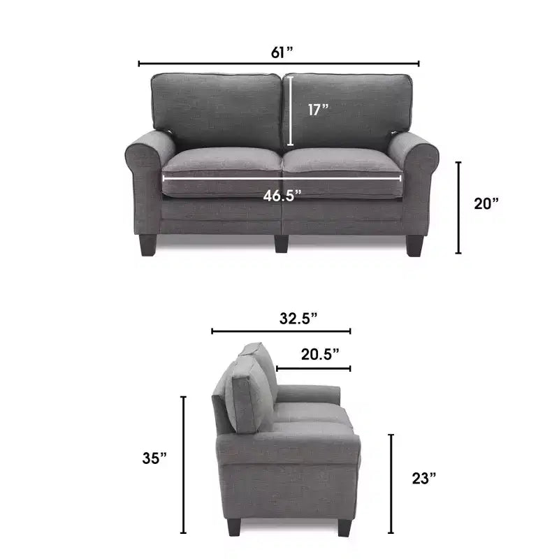 Causeuse de 61 po avec accoudoirs arrondis, coussins moelleux et cadre en bois franc