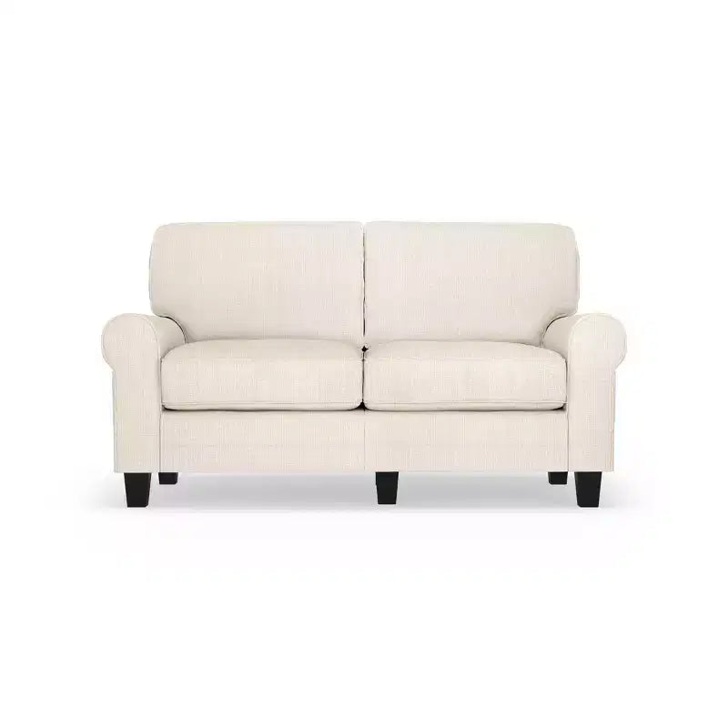 Causeuse de 61 po avec accoudoirs arrondis, coussins moelleux et cadre en bois franc