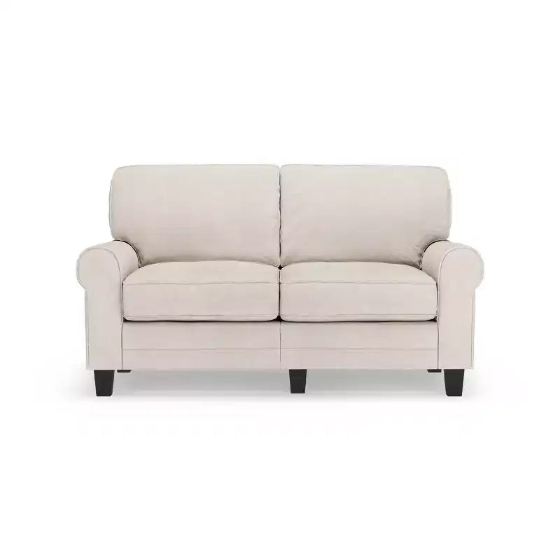 Causeuse de 61 po avec accoudoirs arrondis, coussins moelleux et cadre en bois franc