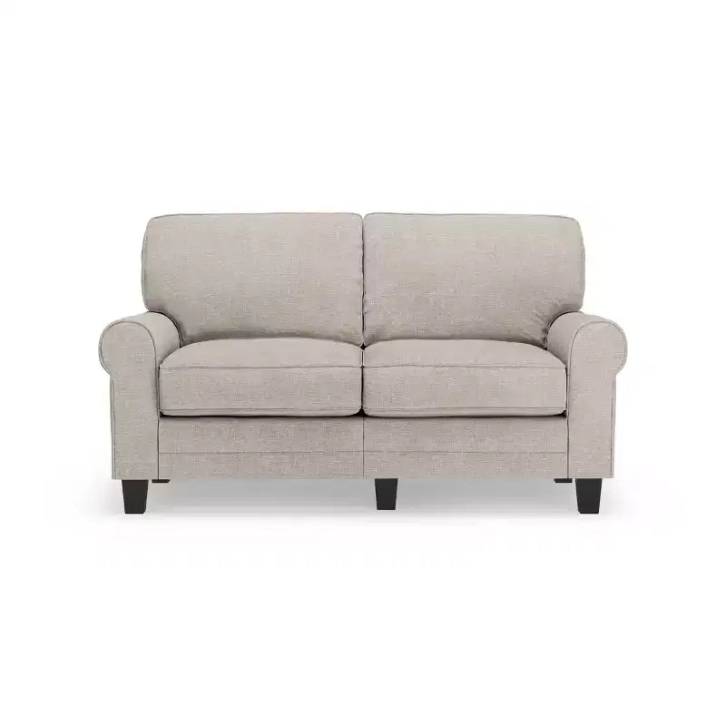 Causeuse de 61 po avec accoudoirs arrondis, coussins moelleux et cadre en bois franc